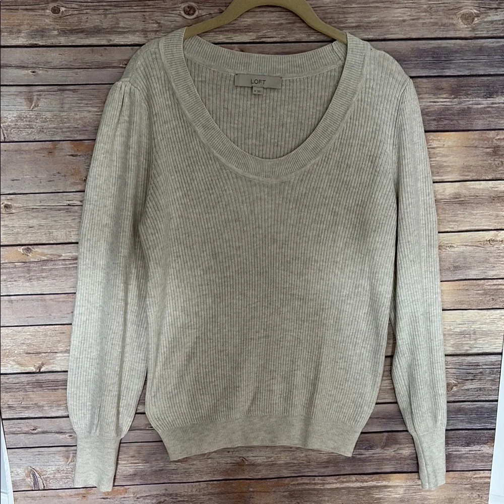 LOFT Ribbed Cream Scoop Neck Sweater with Cuffs - Picture 1 of 4